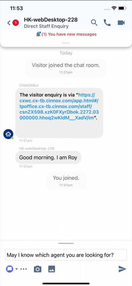 The canned response is pasted in the text input bar