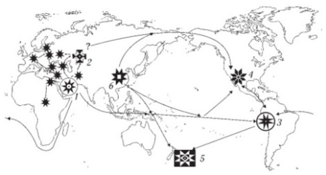 Voies de migration supposées des porteurs du symbolisme de l'étoile à 8 branches de l'Eurasie vers l'Amérique et la Nouvelle-Zélande et zones d'utilisation les plus anciennes du symbole : 1 - Asie centrale ; 2 - Équateur, Colombie ; 3 - Interfluves ; 4 - Mexique ; 5 - Nouvelle-Zélande ; 6 - Chine du sud-est et de l'est. Les étoiles noires sans numéro désignent les régions où l'étoile à 8 branches a été diffusée directement et indirectement à partir du Moyen Âge.