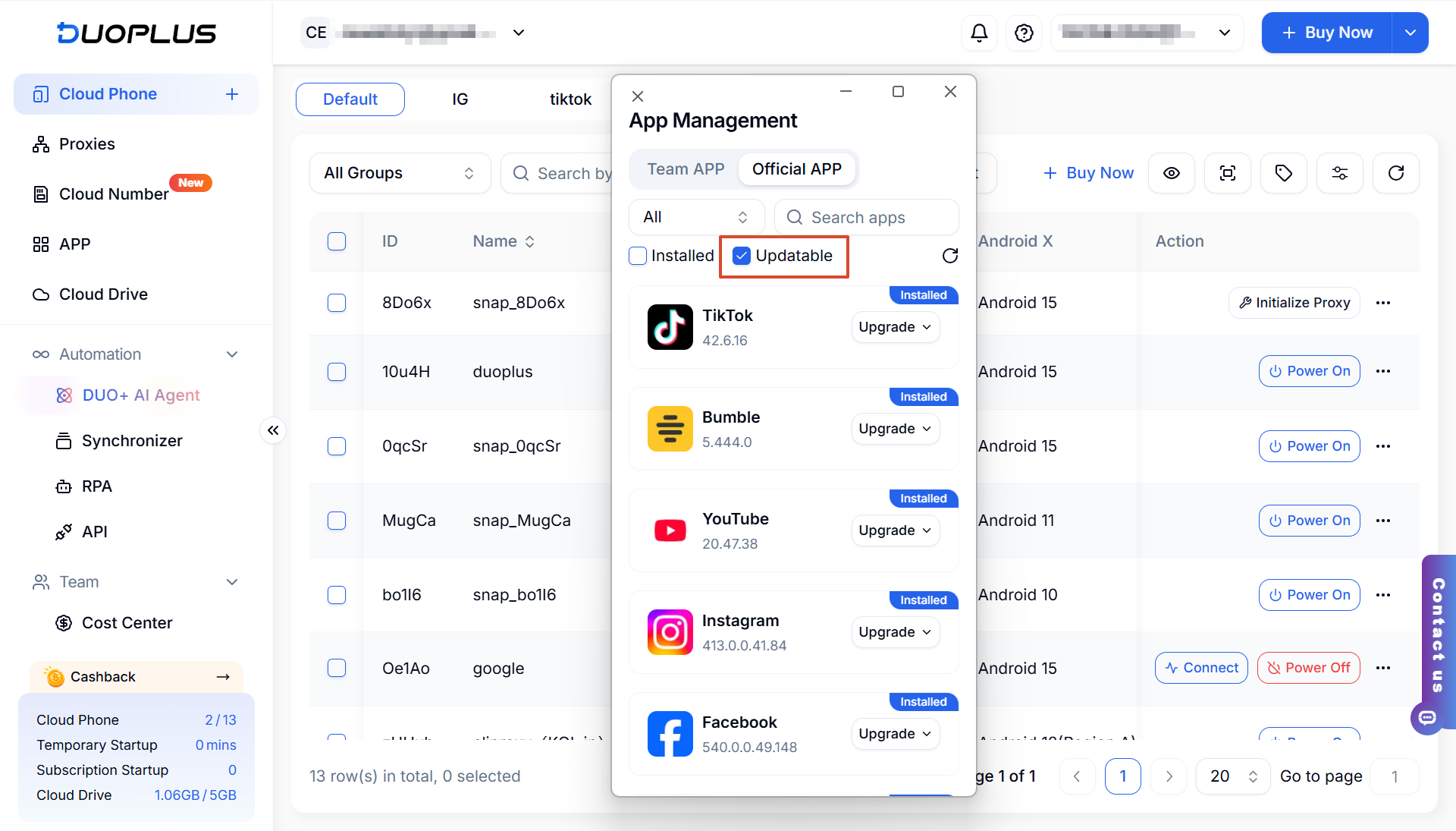 Nhắc quản lý ứng dụng cho Cloud Phone