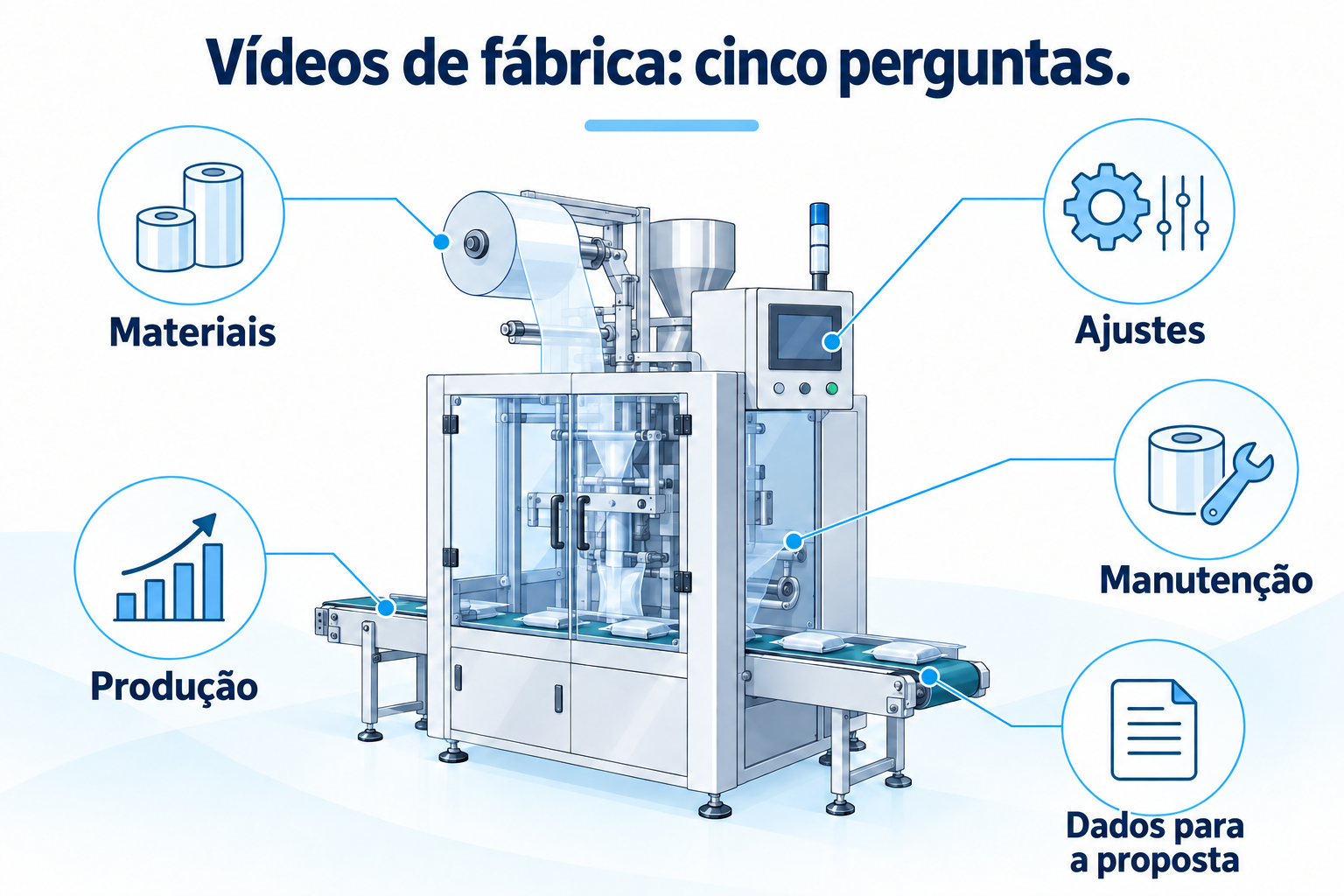 Cinco perguntas para vídeos de fábrica: materiais, ajustes, produção, manutenção e dados para a proposta