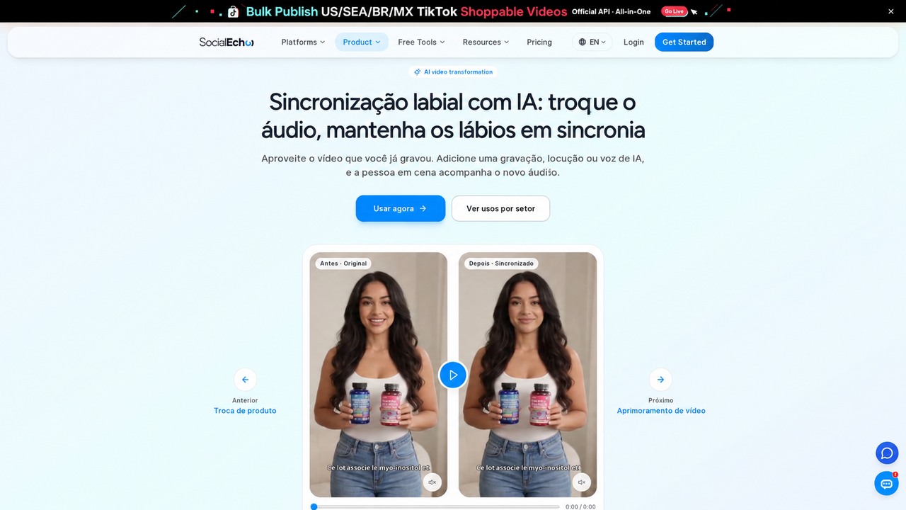 Página de sincronização labial: vídeo original à esquerda e resultado com o novo áudio à direita