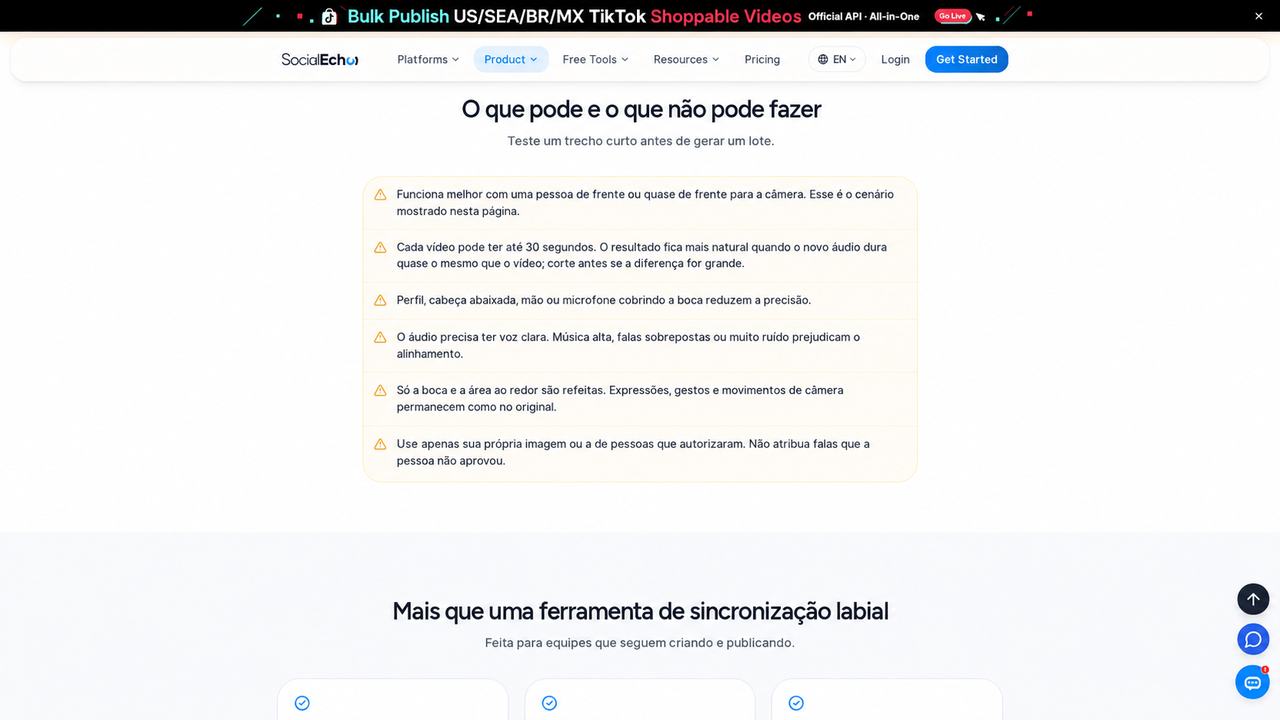 Recursos e limites: uma pessoa de frente, até 30 segundos, voz clara, boca visível, mudanças apenas na região da boca e autorização da pessoa