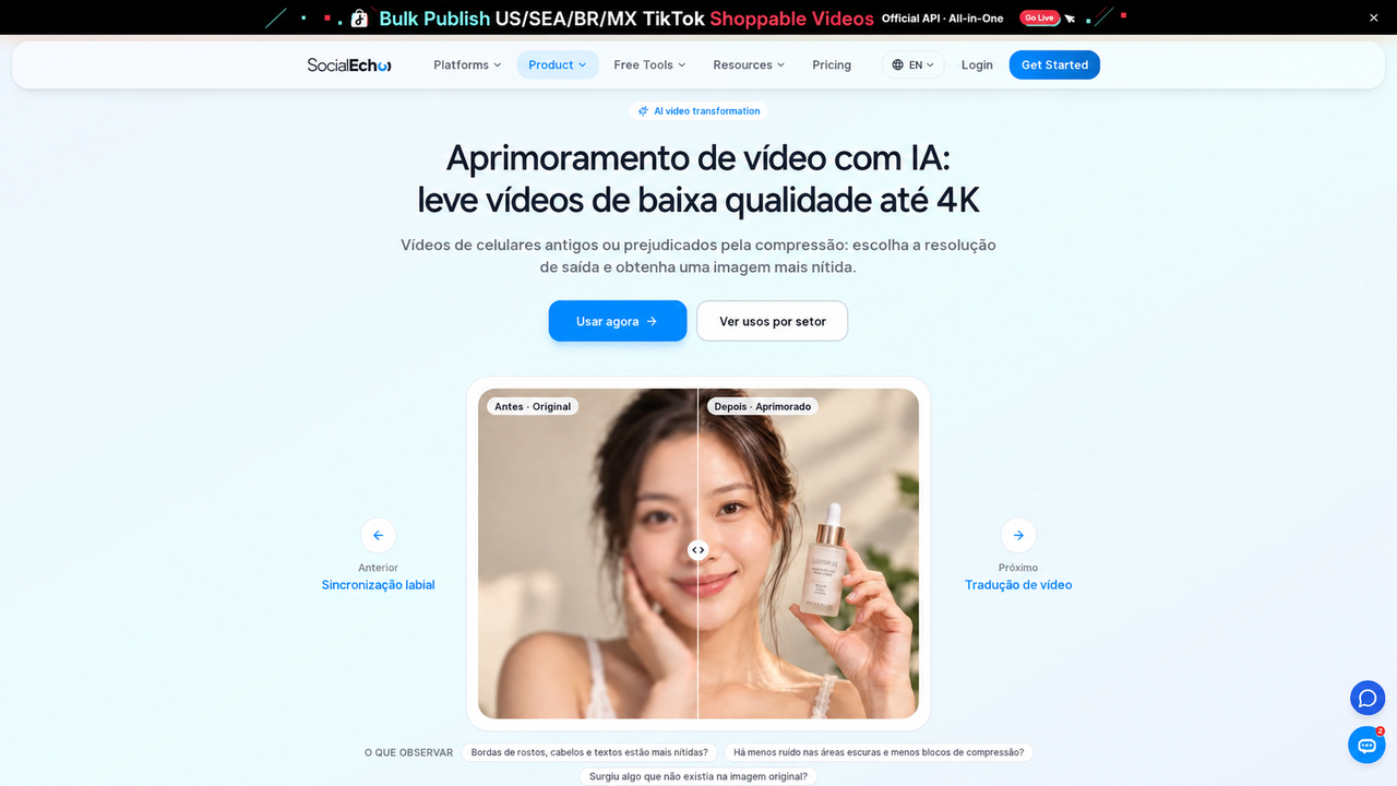 Página de aprimoramento de vídeo: comparação deslizante entre imagem original e aprimorada, com três perguntas de revisão abaixo