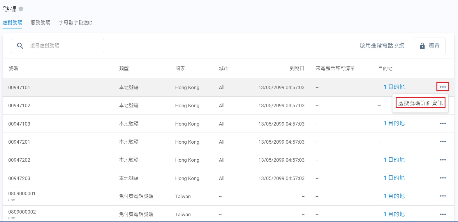 點擊虛擬號碼詳細資訊