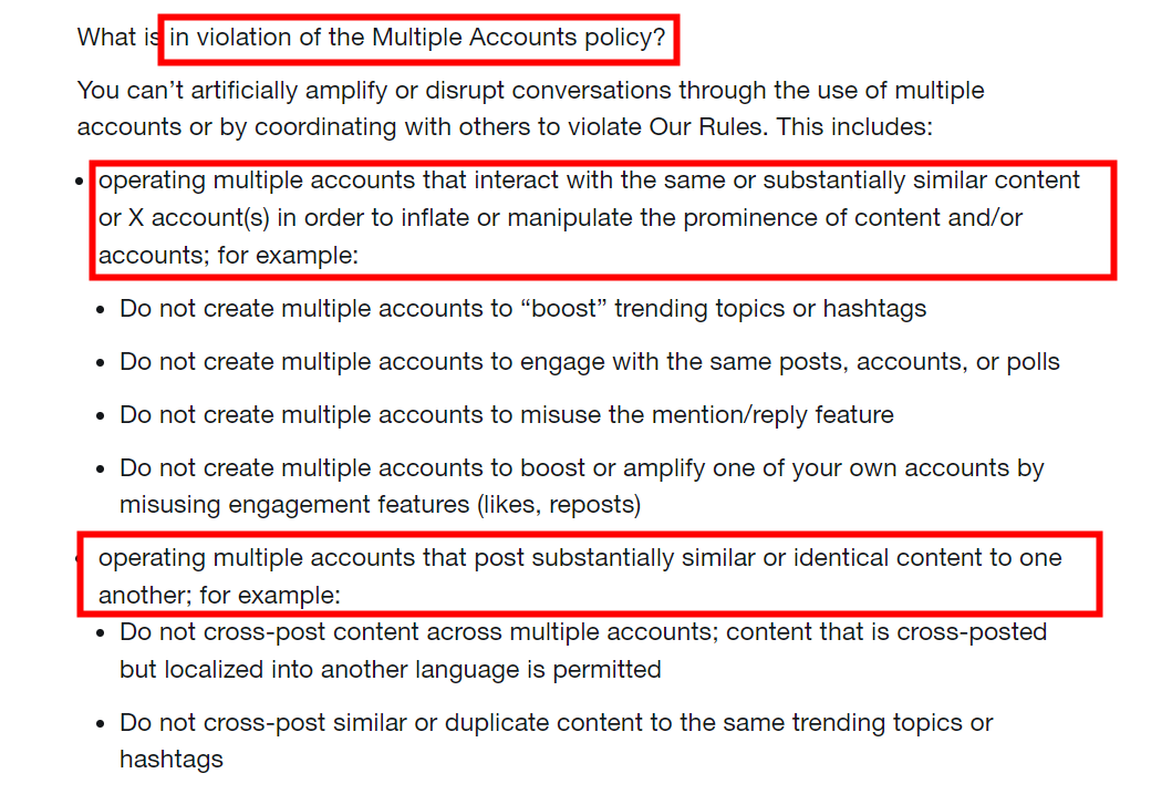 Using multiple accounts to interact with the same users or to post identical tweets is against Twitter's rules.