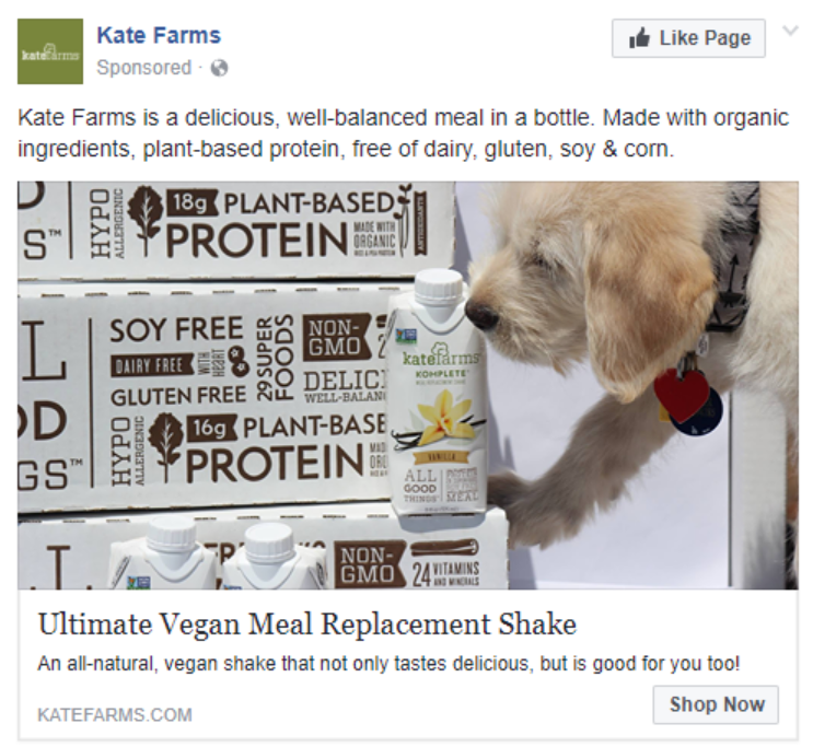 Kate Farms's ad with a dog