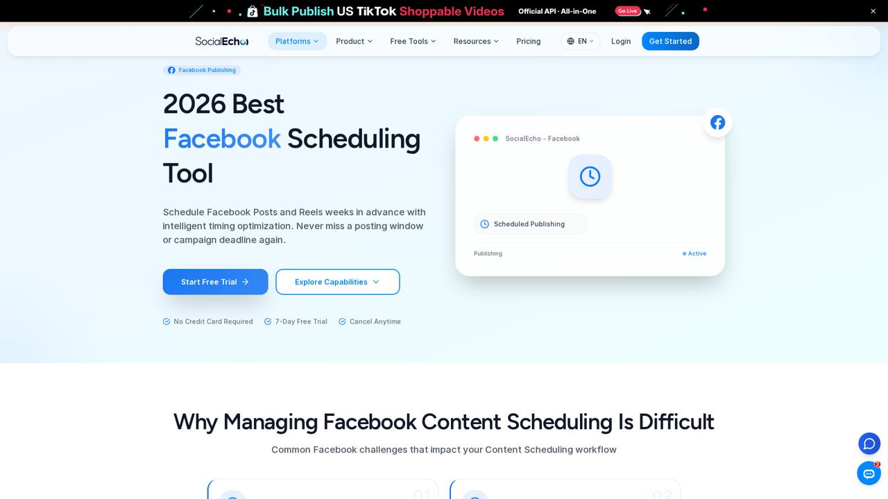 SocialEcho 的 Facebook 定时发布功能页