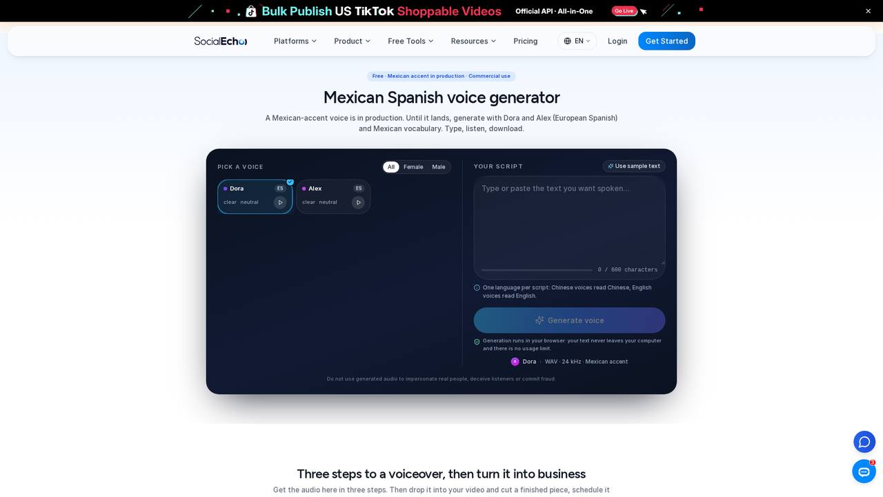 Página de dublagem em espanhol e entrada principal para quatro regiões, as vozes são geradas localmente no navegador, gratuitamente