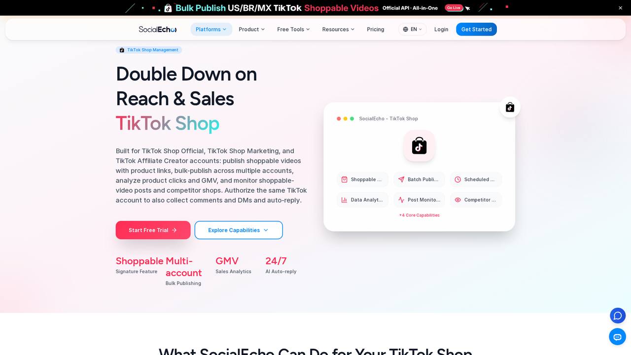 Página da plataforma TikTok Shop do site SocialEcho em inglês: depois que a conta do vendedor é conectada, ela pode cobrir os três recursos de lançamento de vídeo de entrega de produto, dados de vendas de vídeo e gerenciamento de mensagens privadas de comentários