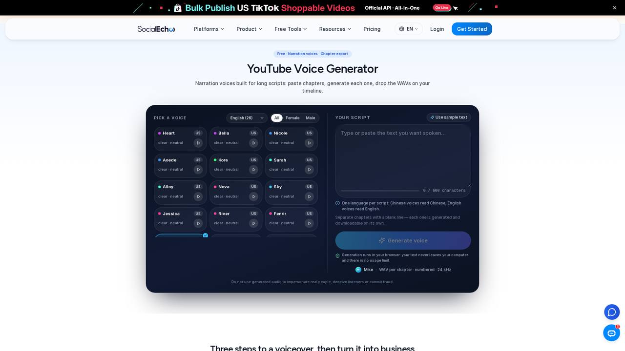 Depois de dublar um roteiro capítulo por capítulo, ele é dividido em uma matriz multiplataforma de YouTube, podcasts e fatias verticais de tela