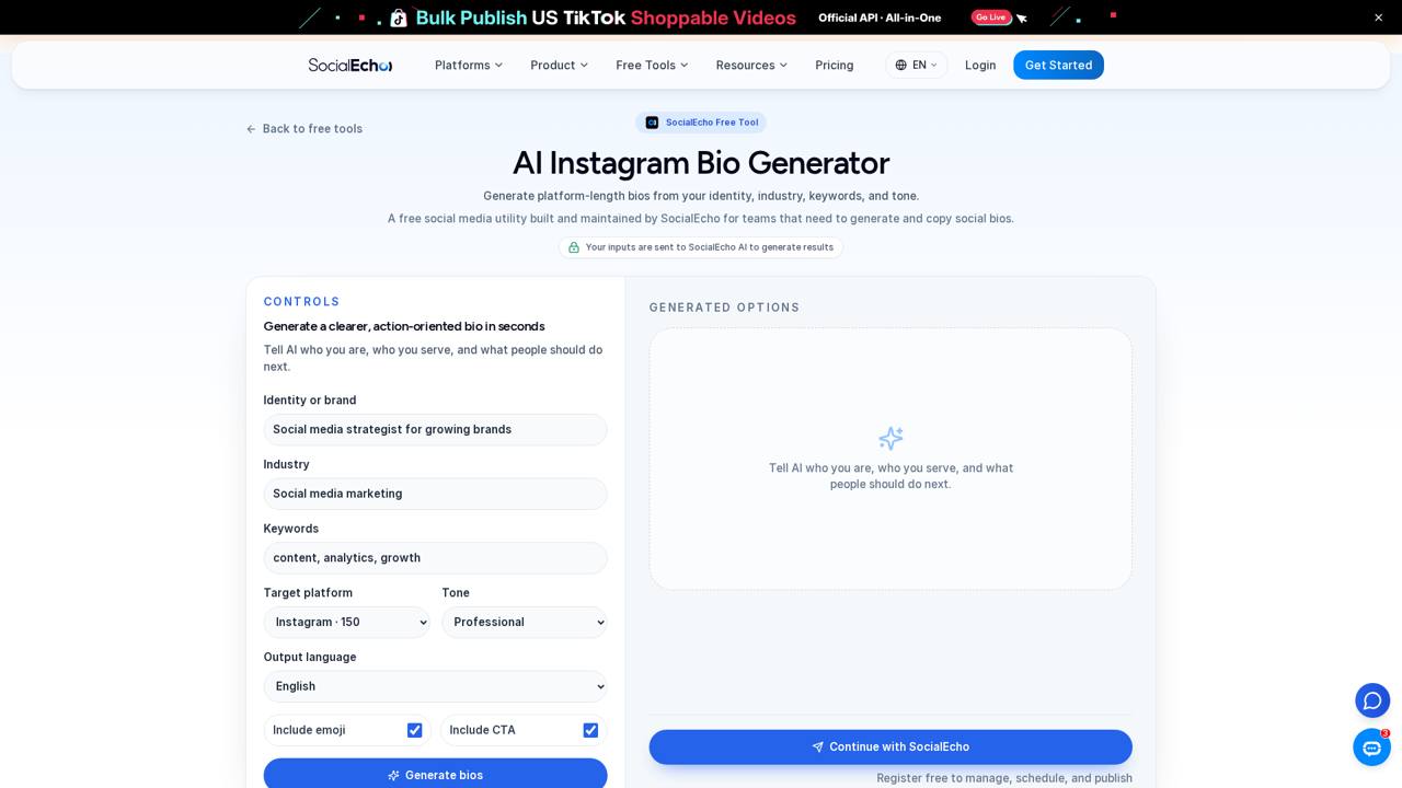 AI Instagram Bio 生成器：按身份/行业/关键词生成平台限长的简介