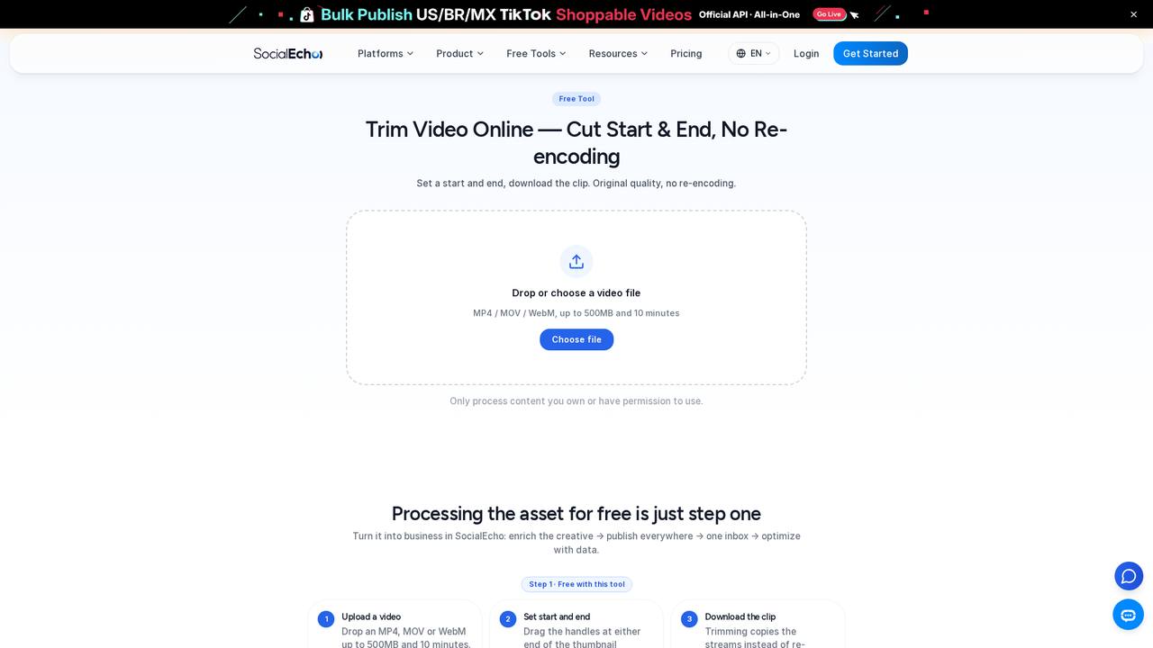 Interface de operação da ferramenta de corte de vídeo: Visualize diretamente no player após o upload. Ambas as extremidades da linha do tempo da miniatura abaixo podem ser arrastadas. Você também pode pressionar mm:ss.s na caixa de entrada para preencher o tempo preciso e a duração do clipe será exibida em tempo real
