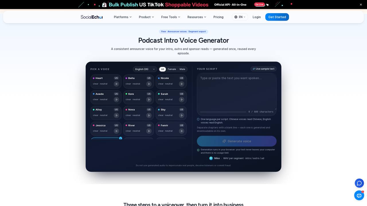 Abra a ferramenta de dublagem de título do podcast, cole as palavras de abertura nela e selecione o som para gerar o áudio de introdução. Ele pode ser executado localmente no navegador e pode ser ajustado repetidamente para a versão final