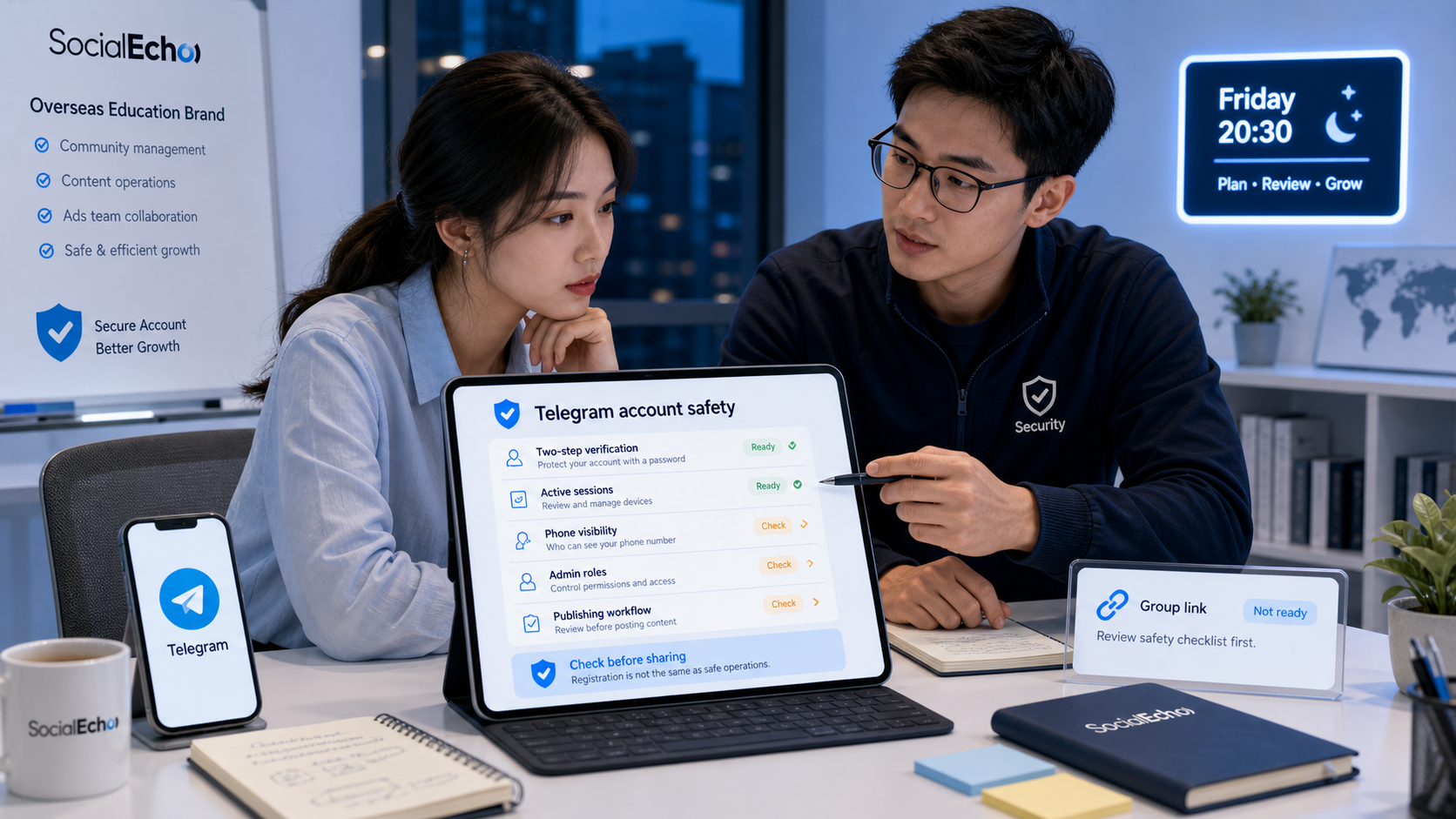 社群负责人注册 Telegram 后与安全同事一起查看账号安全检查清单