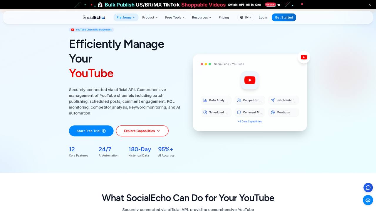 A página de recursos da plataforma do YouTube no SocialEcho, o conteúdo e os dados do canal são todos acessados uniformemente a partir daqui