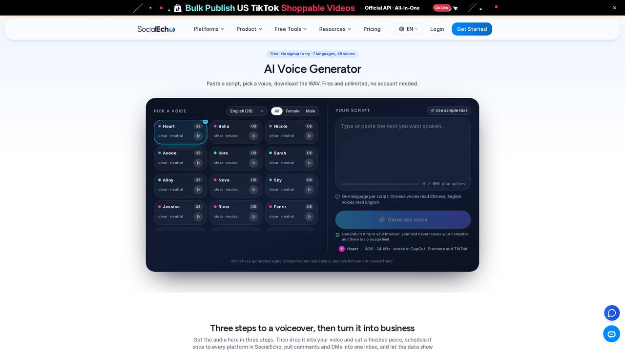 Uma interface de operação para converter uma cópia do produto em dublagem no navegador