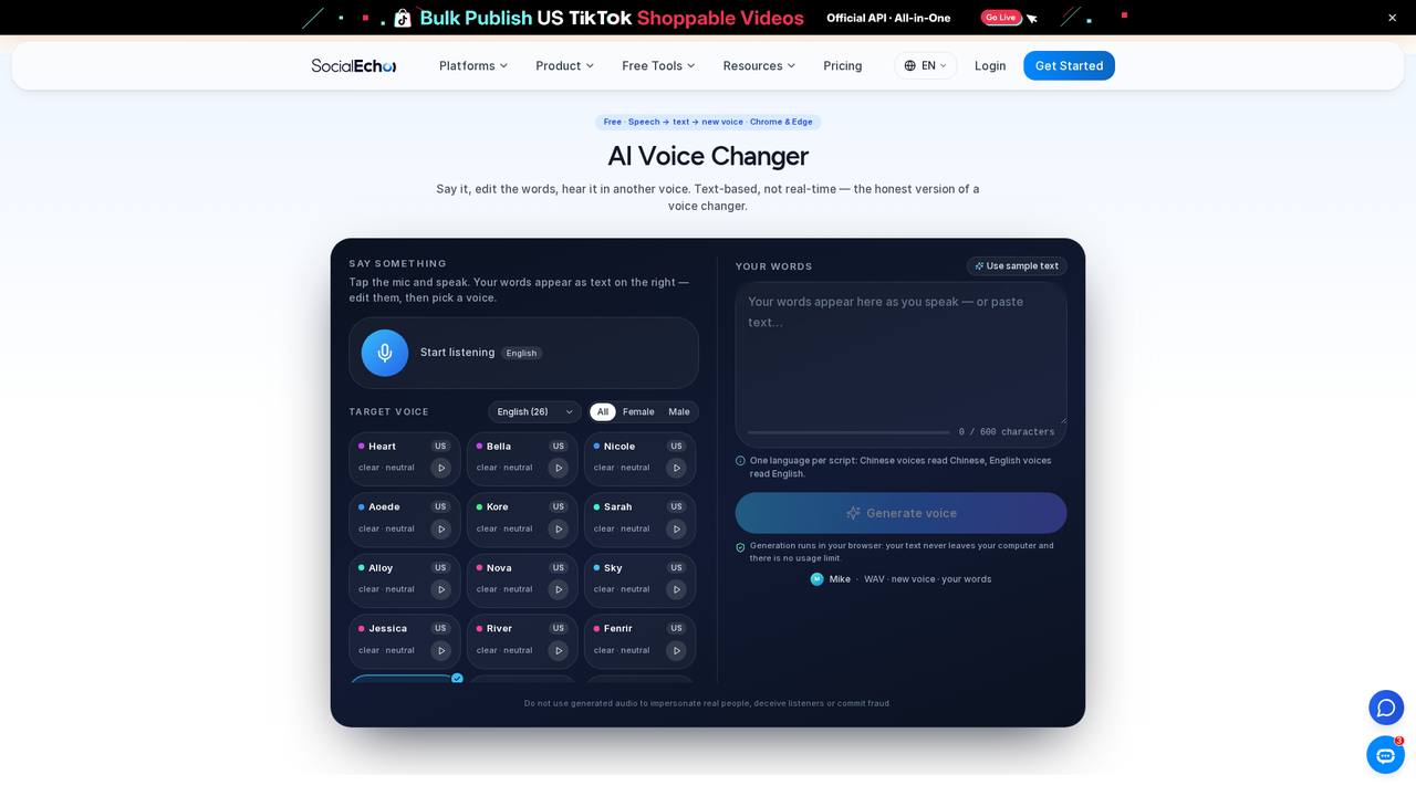 AI Voice Changer (versão de texto): diga uma frase e leia-a novamente em um tom diferente