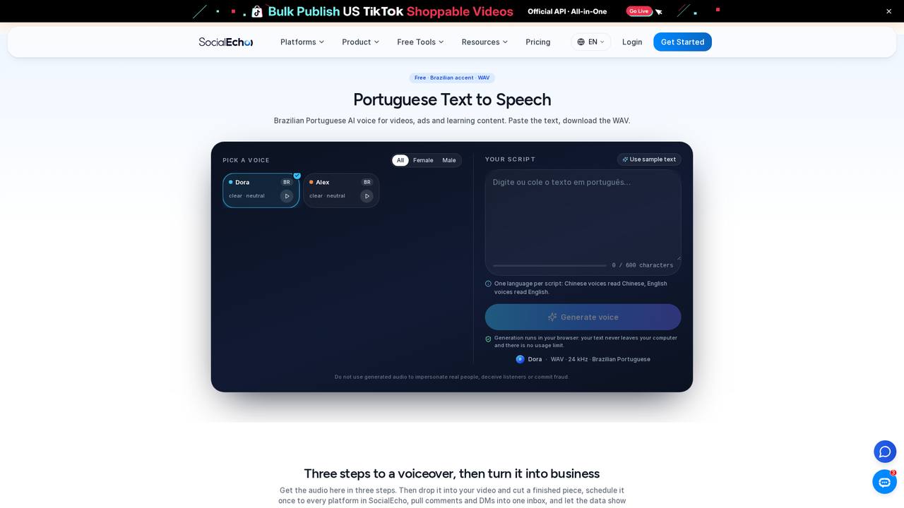 Gerar interface de operação de dublagem em português brasileiro diretamente no navegador