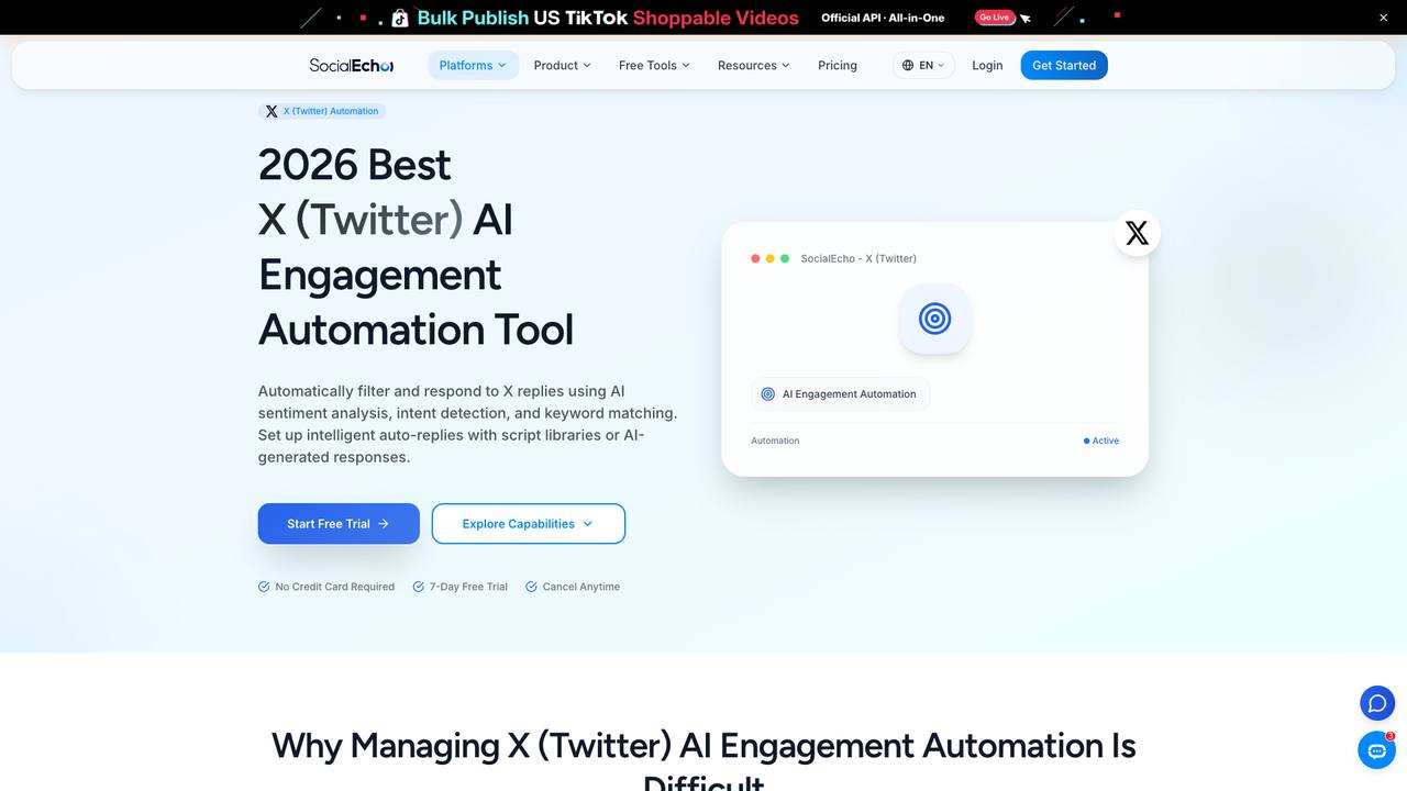 SocialEcho X/Twitter AI interactive automation page