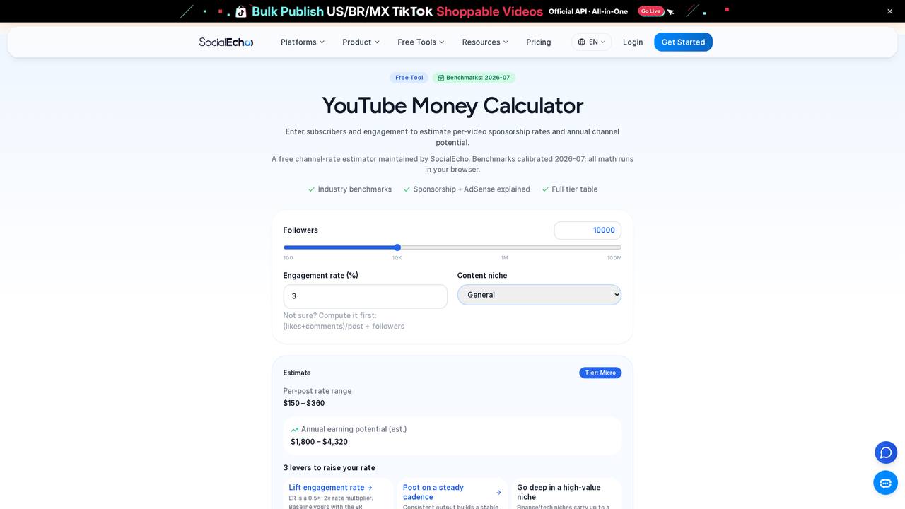 Página da calculadora de receita do YouTube da SocialEcho, que pode estimar aproximadamente a faixa de receita por volume de reprodução e região
