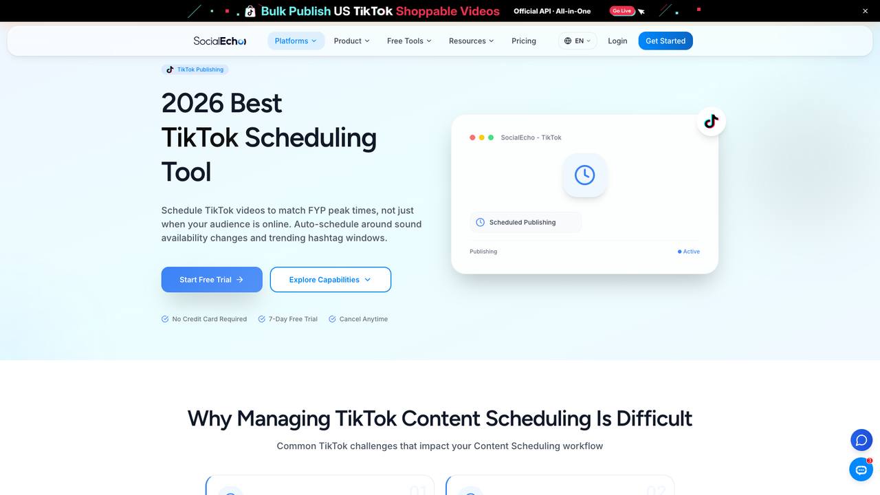 SocialEcho TikTok scheduling page