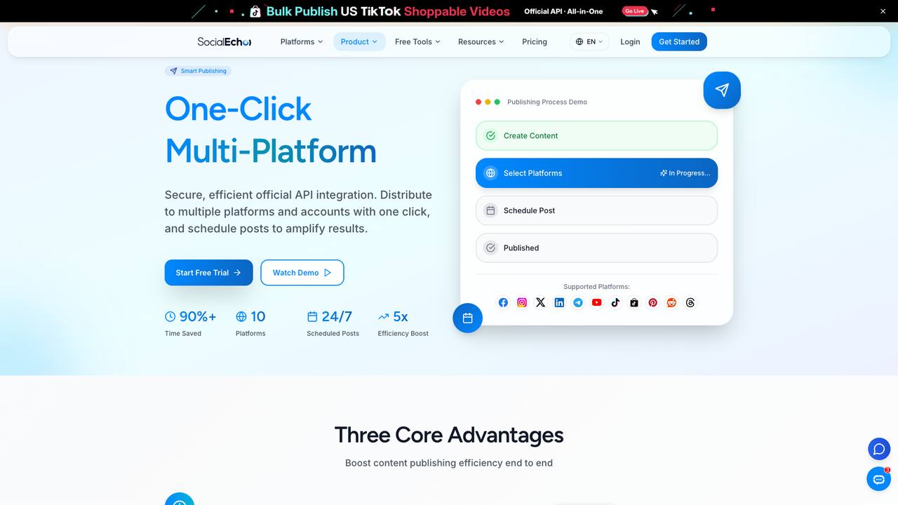 SocialEcho TikTok multi-platform publishing workspace