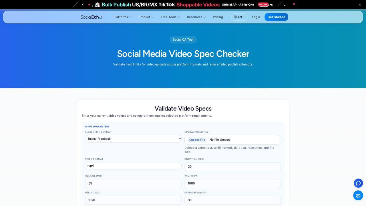 Verificador de especificações de vídeo: leia metadados de vídeo localmente no navegador, compare-os com formatos convencionais, como Instagram Reels, TikTok, YouTube Shorts, vídeos longos do YouTube, etc., e verifique a duração, tamanho do arquivo, resolução, taxa de quadros e taxa de bits, um por um