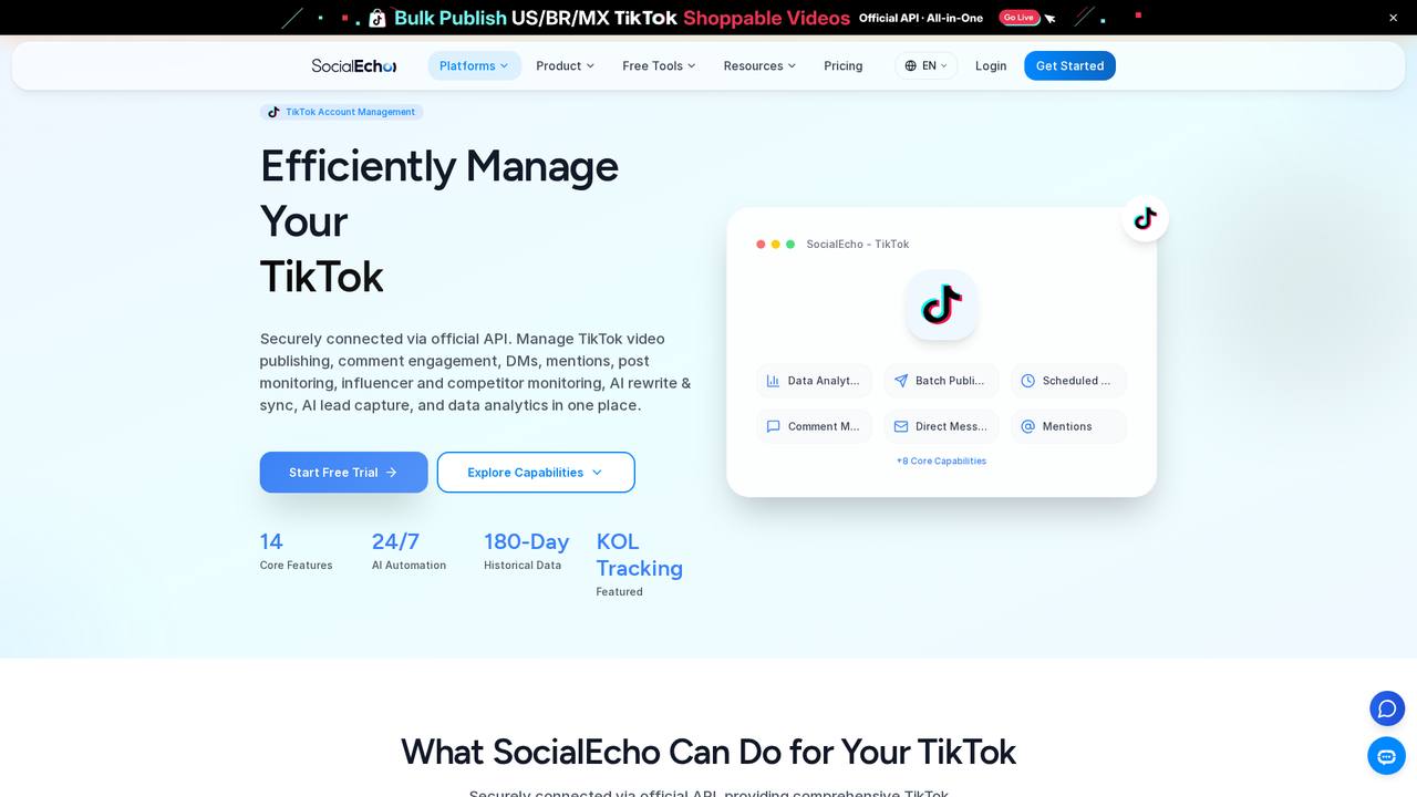 Página da plataforma TikTok do site SocialEcho em inglês: Depois que a conta for restaurada, usar um método oficialmente autorizado para se reconectar ao console de gerenciamento pode reduzir a probabilidade de ser julgado por login anormal do que inserir senhas repetidamente em vários dispositivos.