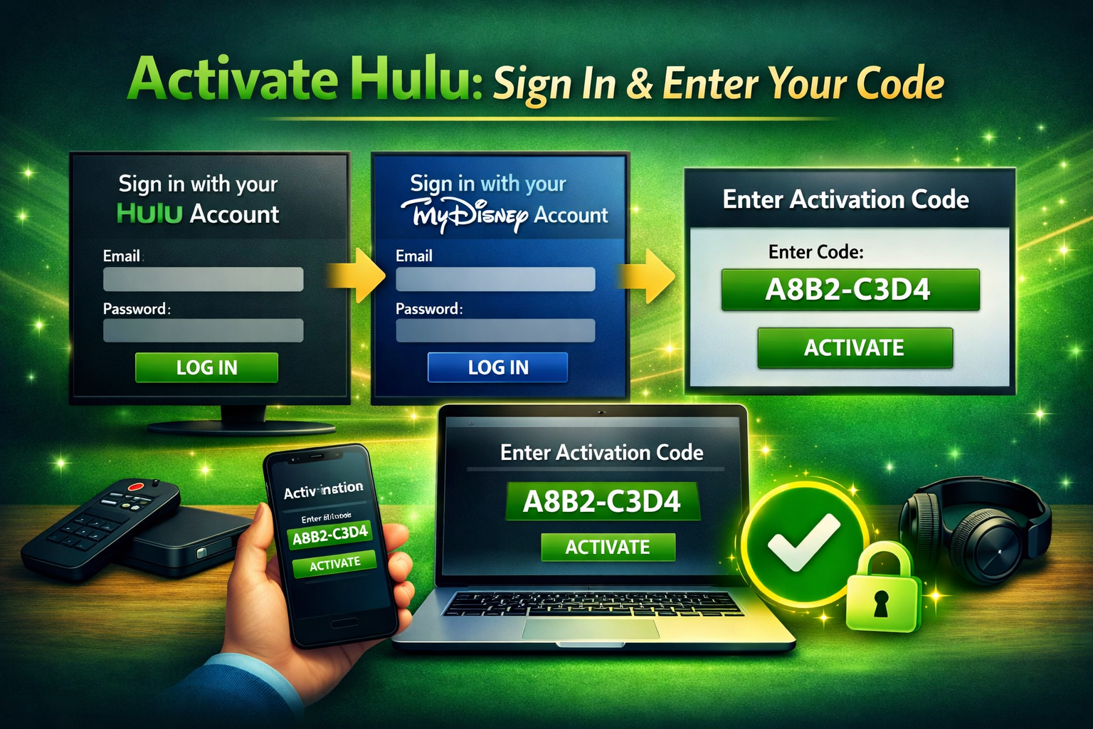 Activate Hulu by signing in with your Hulu or MyDisney account and entering the code shown on your device
