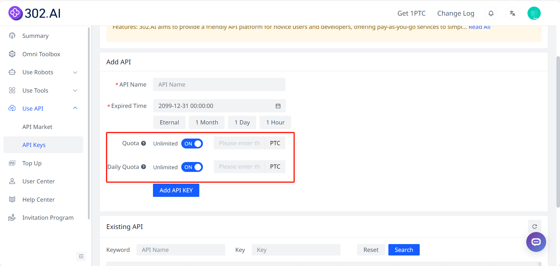 API KEY Management-302.AI| Help Center