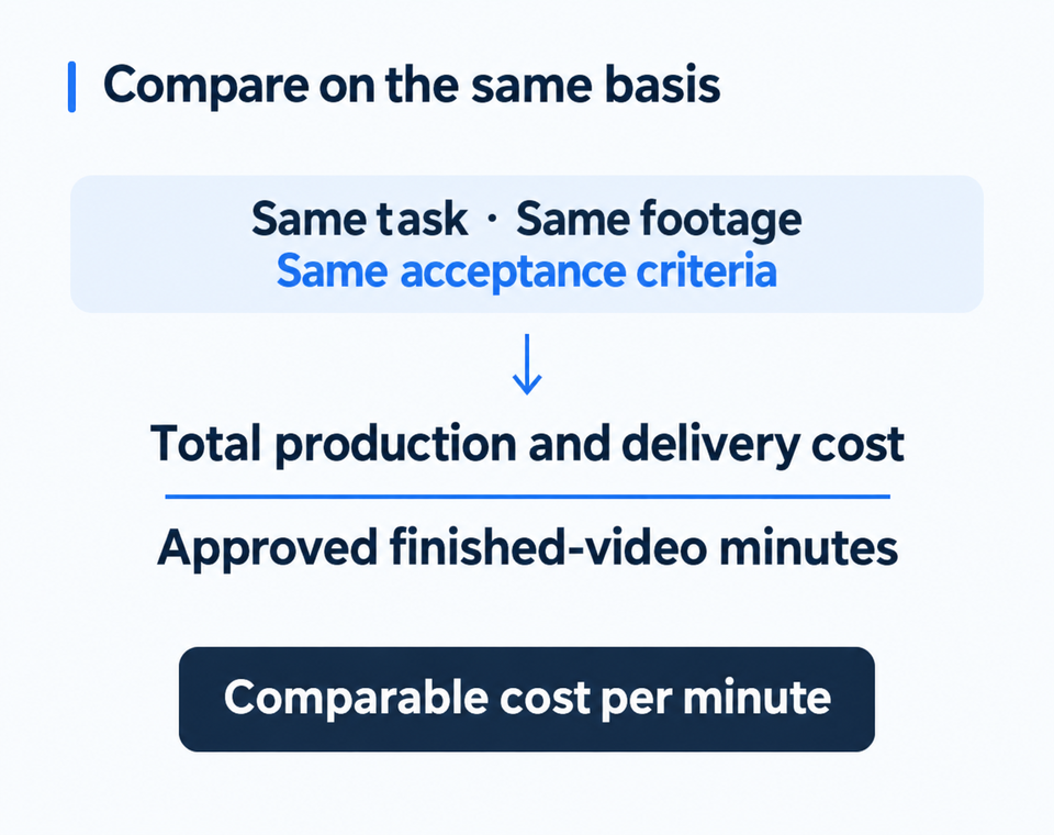 Compare the same task, footage, and acceptance criteria, then divide total production and delivery cost by approved finished-video minutes