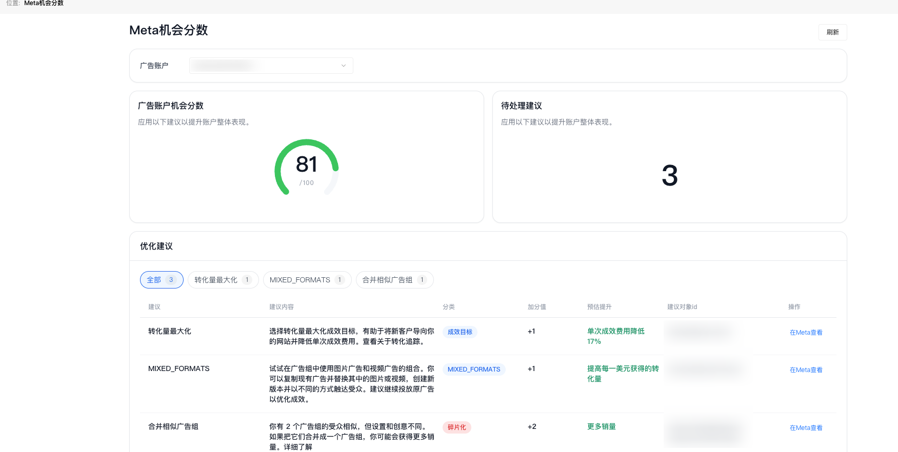 XMP后台查看Meta机会分数