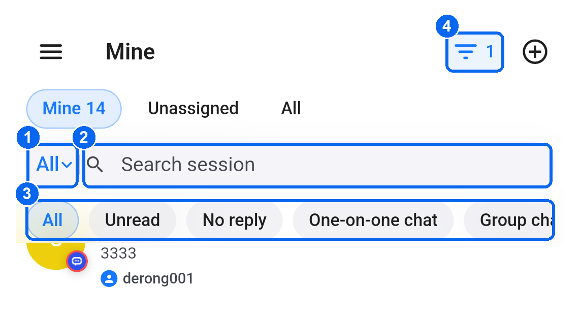 Search bar, quick filters and advanced filter entrance