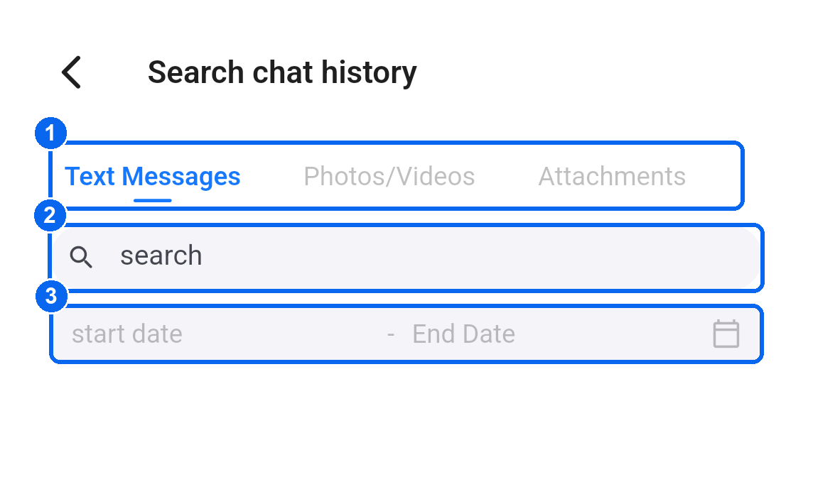History message types, keyword search and date range