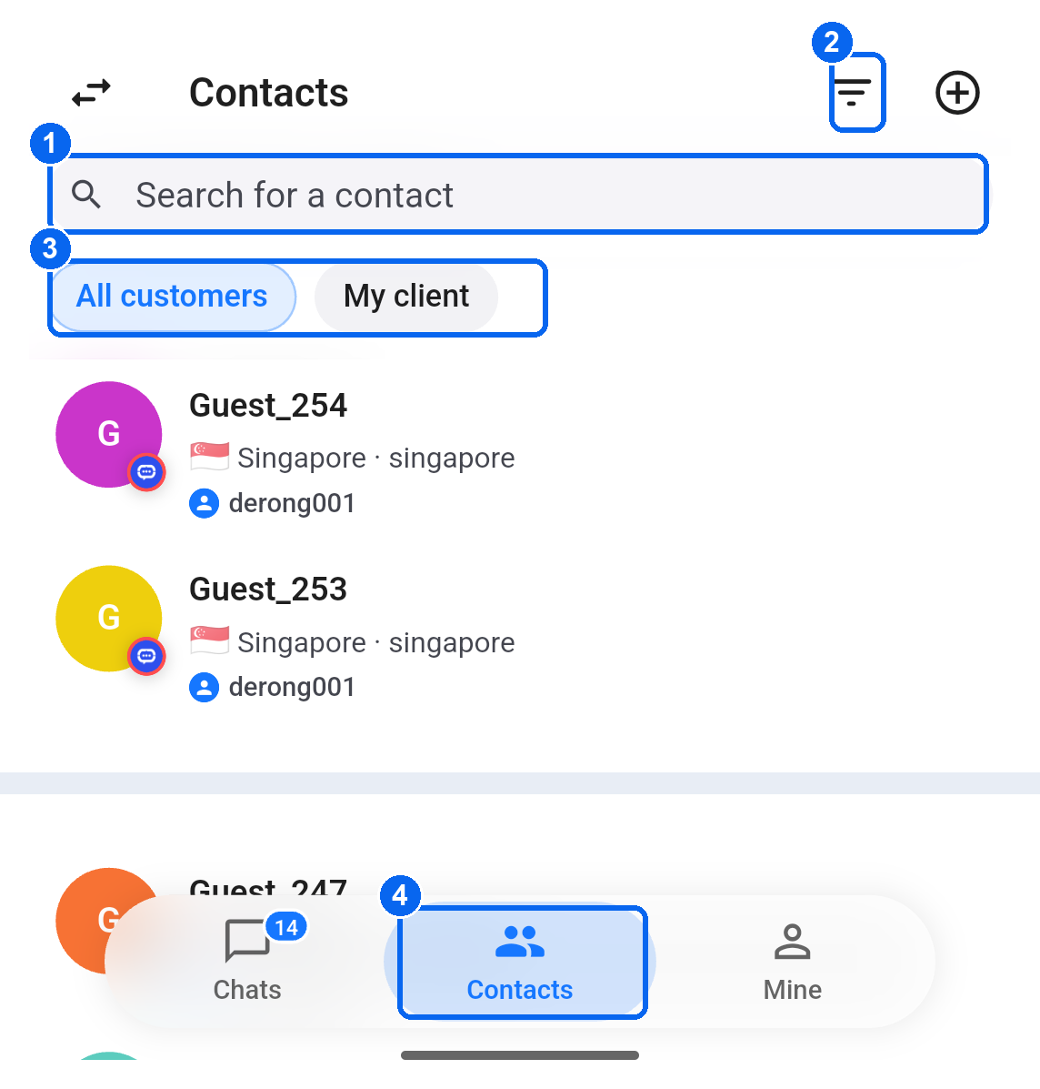 Contact search, filters, scope and bottom navigation entrance