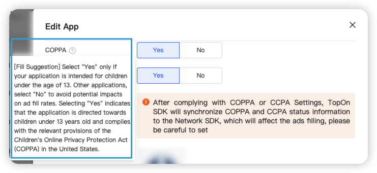 COPPA Configuration Interface