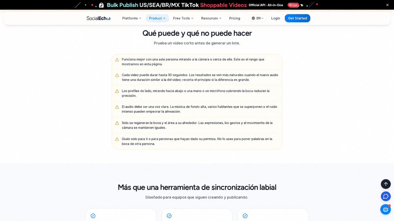 Capacidades y límites: una persona de frente, hasta 30 segundos, voz clara, boca visible, cambios limitados a la boca y permiso de la persona