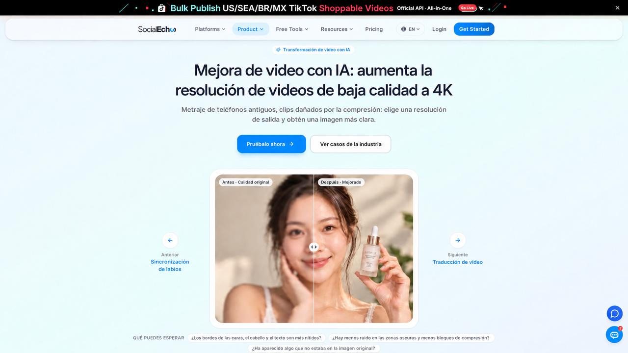 Página de mejora de video: comparación deslizante entre la calidad original y la mejorada, con tres preguntas de revisión debajo