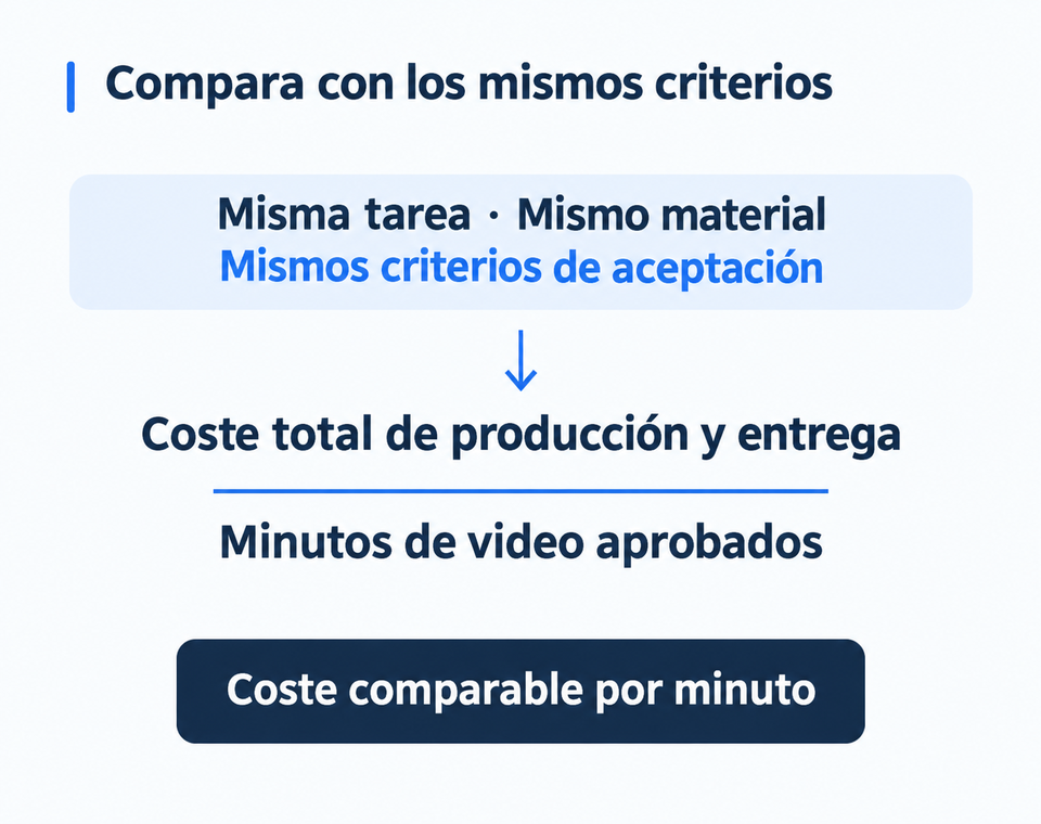 Compara la misma tarea, material y criterios de aceptación; divide el coste de producción y entrega entre los minutos de video aprobados