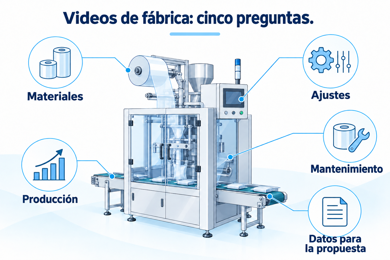 Cinco preguntas para videos de fábrica: materiales, ajustes, producción, mantenimiento y datos para la propuesta