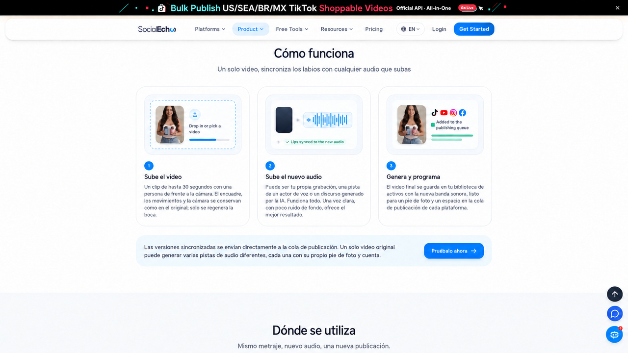Proceso de sincronización labial: subir un video de hasta 30 segundos con una persona de frente, añadir el audio nuevo y generar para programar