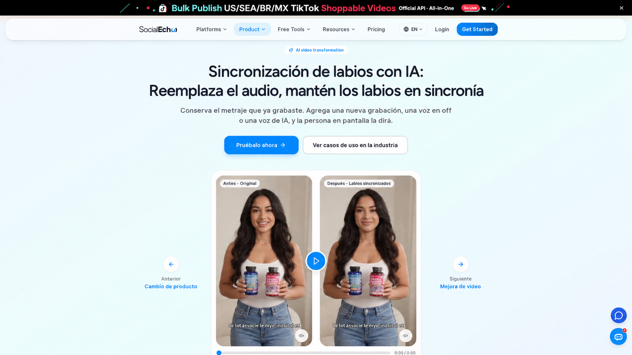 Página de sincronización labial: video original a la izquierda y resultado con el nuevo audio a la derecha